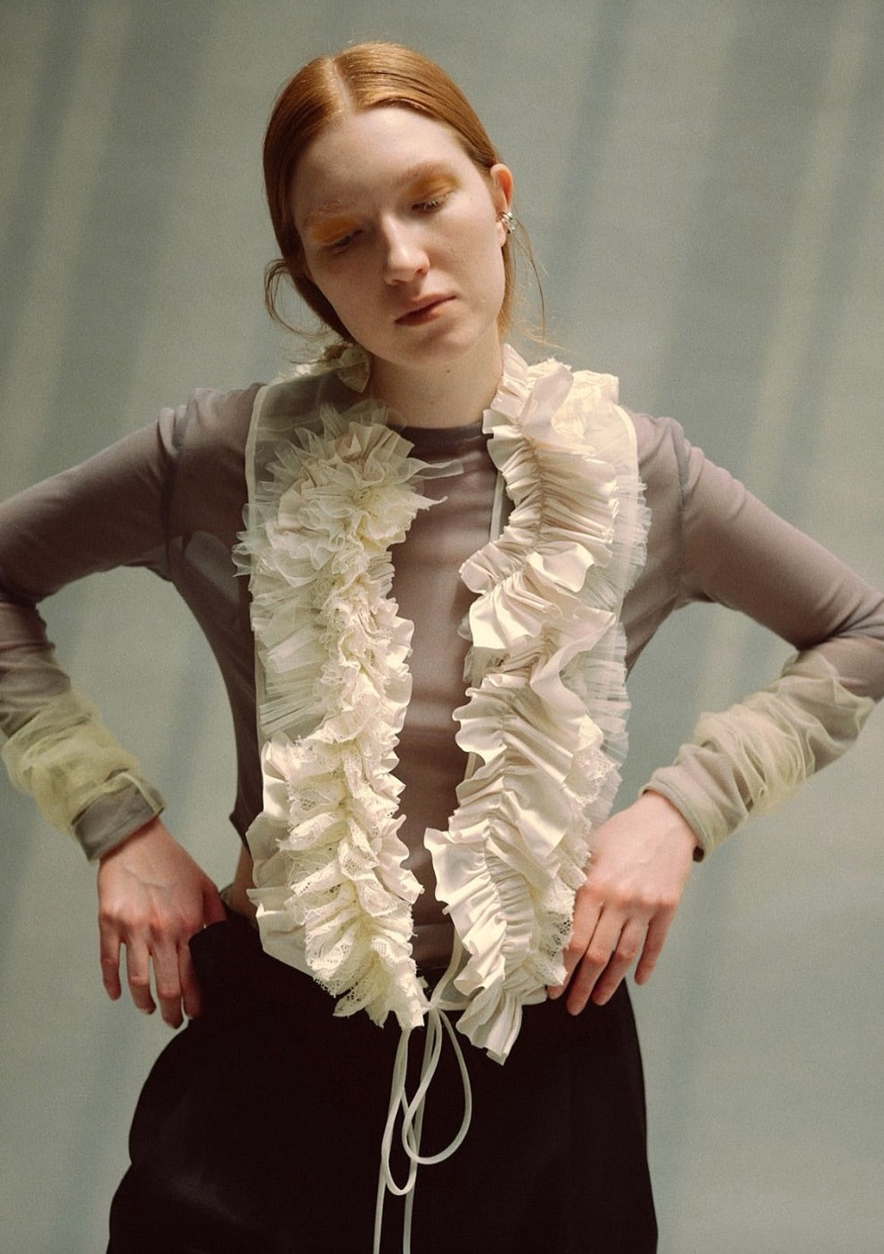 限定　marge Tulle bicolor sleeve body suits MARGE 