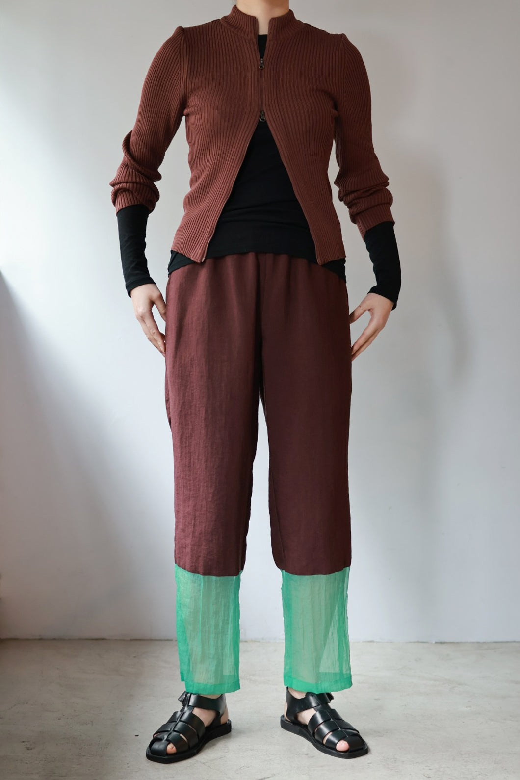 JUN MIKAMI "see-through border pants" (mint/bordeaux)
